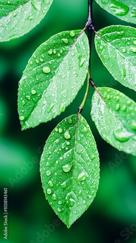 Close-up of green leaves with water droplets on a natural background. photo