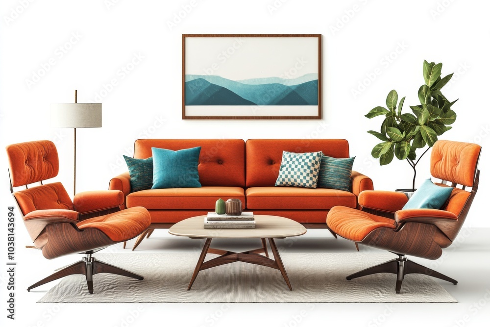 Fototapeta premium Modern Mid Century Living Room Interior Design with Orange Sofa Armchairs and Coffee Tab