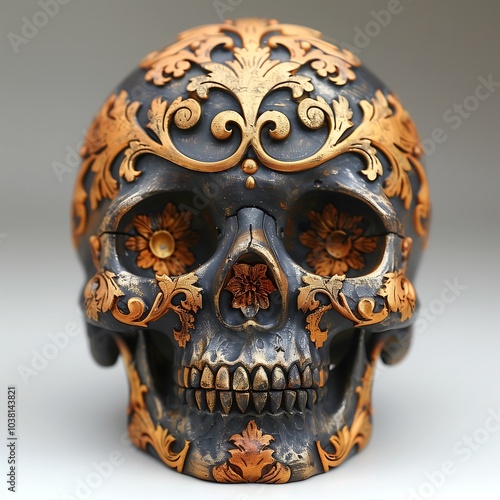 Human skull made of gold and wood