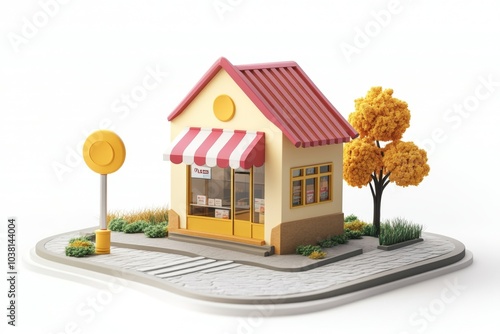 3D Cartoon Cute Store Building Model with Red Roof and Yellow Awning