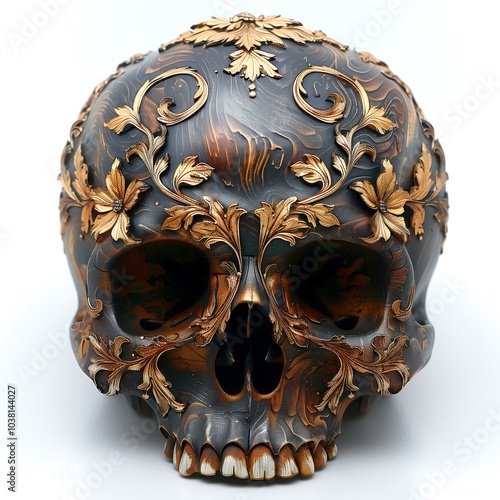 Human skull made of gold and wood