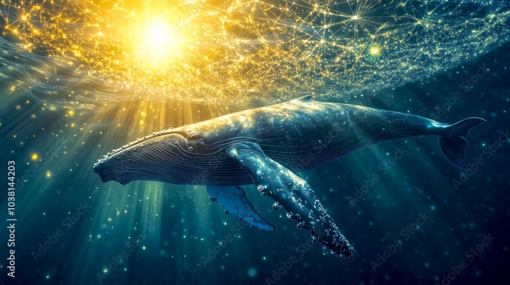 Fototapeta premium A magnificent whale swims gracefully underwater. The warm sunlight filters through the water creating a magical atmosphere. This captivating image illustrates ocean life in stunning detail. AI