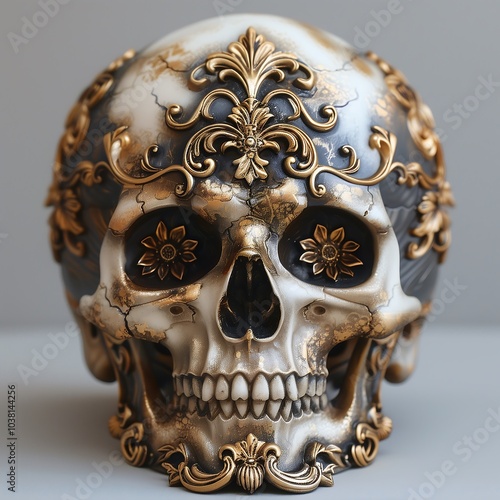Human skull made of gold and wood