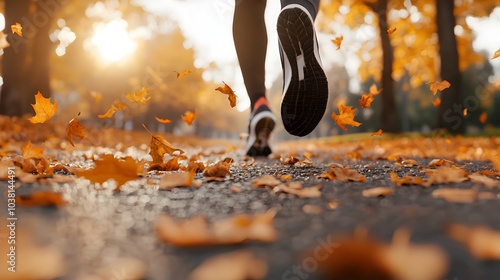 Close up of Sprinting Athlete s Legs Crossing Sunlit Terrain photo