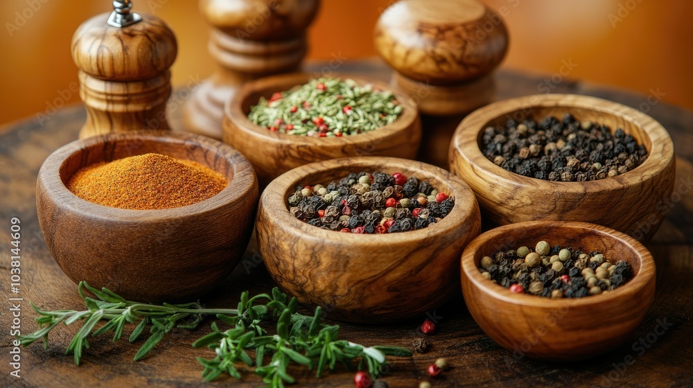 Spices and herbs in a mix of wooden bowls on a rustic table, salt shaker and pepper grinder framing the scene, with hints of fresh greenery. Spices and herbs in a mix of wooden bowls on a rustic table, salt shaker and pepper grinder framing the scene, with hints of fresh greenery.
