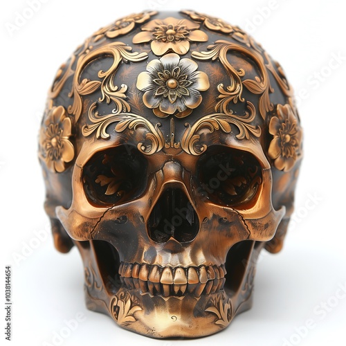Human skull made of gold and wood