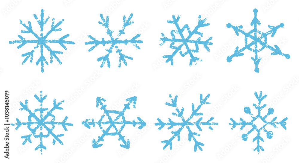 Fototapeta premium Set of blue handdrawn snowflakes with crayon, chalk or pastel texture. Kids vector illustration on a white background.