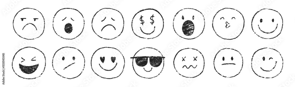 Set of comic faces with various emotions with crayon, chalk or pastel texture. Kids vector illustration. Set of comic faces with various emotions with crayon, chalk or pastel texture. Kids vector illustration.