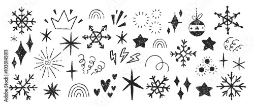 Set of doodle elements for Christmas, birthday, or children party with crayon, chalk or pastel texture. Kids vector illustration.