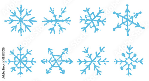Set of blue handdrawn snowflakes with crayon, chalk or pastel texture. Kids vector illustration on a white background.