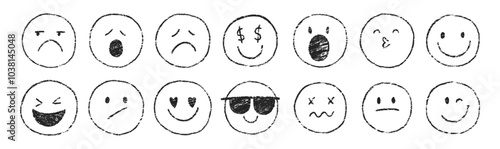 Set of comic faces with various emotions with crayon, chalk or pastel texture. Kids vector illustration.