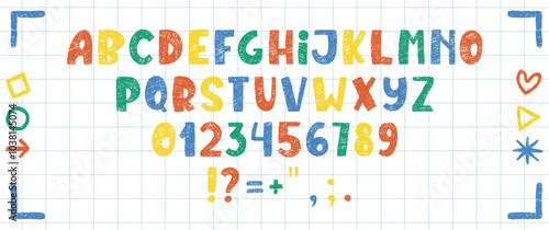 Doodle children font, cartoon kids alphabet with crayon, paste or chalk texture. Vector handdrawn numbers, circle, arrow, heart and letters.
