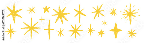 Set of stars, twinkle and spark with crayon, chalk or pastel texture. Yellow and drawn Kids vector illustration on a white background.
