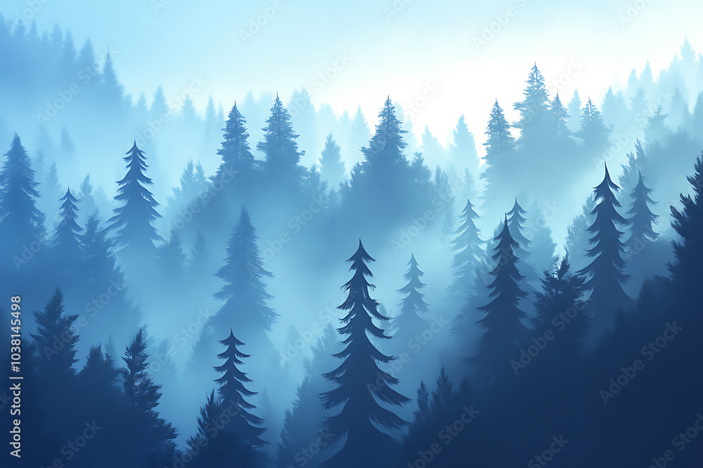 Fototapeta premium A serene forest landscape shrouded in mist, showcasing tall trees and a tranquil atmosphere.