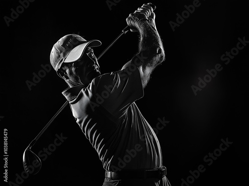 Black-and-white photography of an upper-body shot, the man is swinging his golf club in an action pose, wearing a cap, isolated on a black background