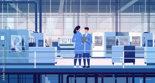 Two people in blue coats standing on the balcony of an industrial building, looking at machines and machinery inside with a laptop computer in their hands