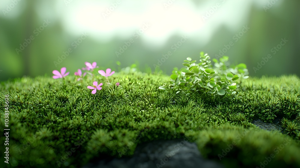 Obraz premium Close up of Lush Green Moss Covering a Rocky Surface with Tiny Floral Details
