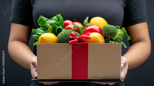 Fototapeta Naklejka Na Ścianę i Meble -  Gift of Freshness: A woman lovingly presents a box overflowing with vibrant fruits and vegetables, a symbol of health, vitality, and nourishment.  