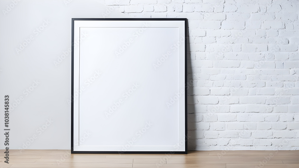 Blank black plastic rectangle vertical frame mockup on wood floor for creative design against white brick wall background Blank black plastic rectangle vertical frame mockup on wood floor for creative design against white brick wall background