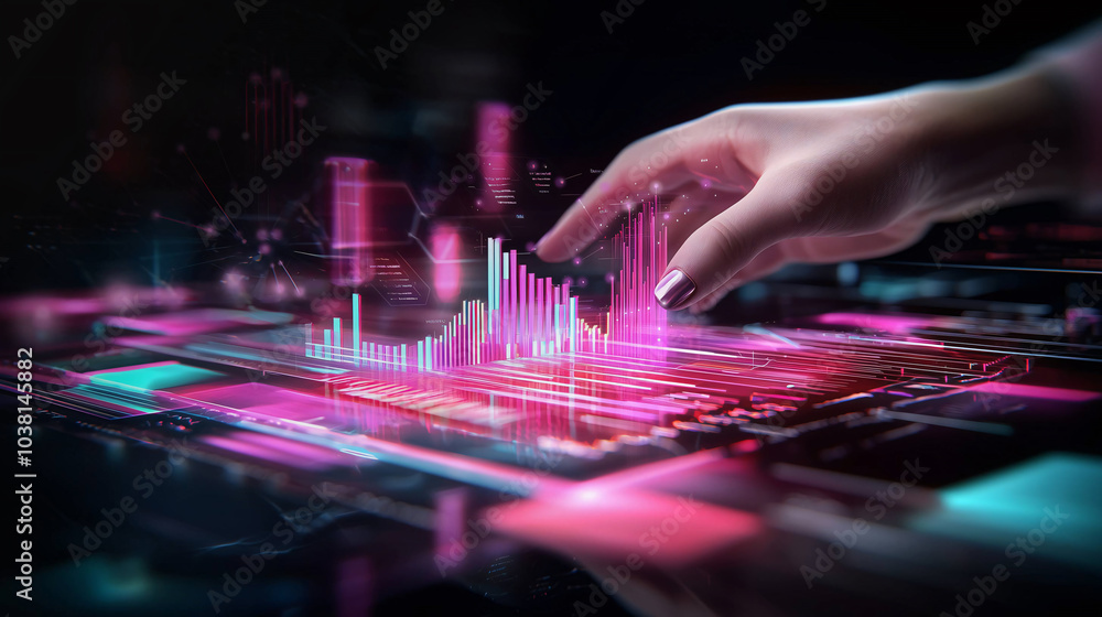 hand interacts with futuristic digital interface displaying vibrant graphs and data visualizations, symbolizing advanced technology and data analysis. scene is illuminated with neon colors hand interacts with futuristic digital interface displaying vibrant graphs and data visualizations, symbolizing advanced technology and data analysis. scene is illuminated with neon colors