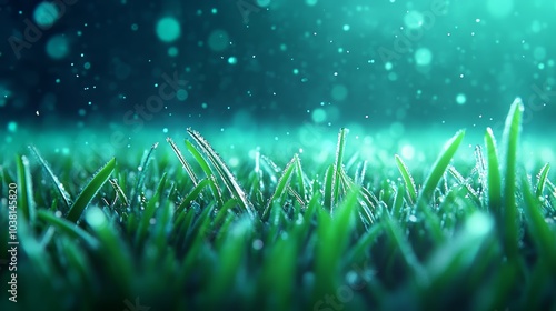 Close-up of vibrant green grass with dew and soft bokeh background. photo