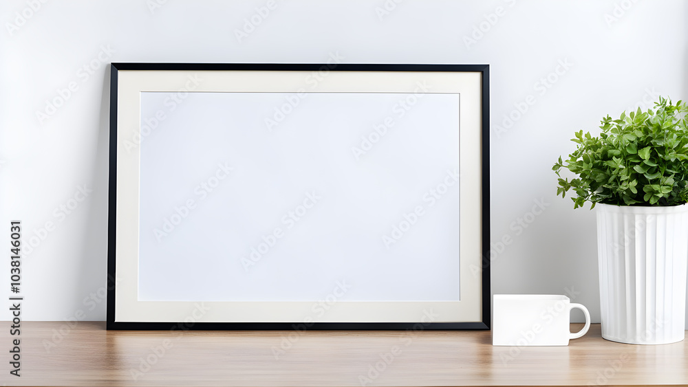 Blank black wooden rectangle horizontal frame mockup with border inside decorate by small white plant pot and white cup on wood table for creative design against white background Blank black wooden rectangle horizontal frame mockup with border inside decorate by small white plant pot and white cup on wood table for creative design against white background