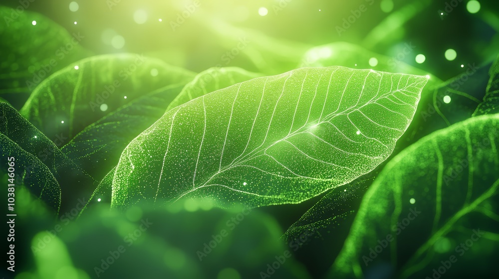 Close-up of vibrant green leaves with dew droplets in sunlight. Close-up of vibrant green leaves with dew droplets in sunlight.