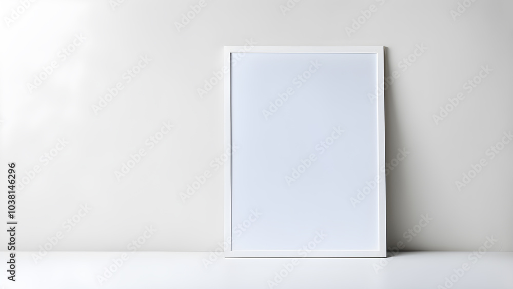 Blank white wooden rectangle vertical frame mockup on white floor for creative design against white background Blank white wooden rectangle vertical frame mockup on white floor for creative design against white background