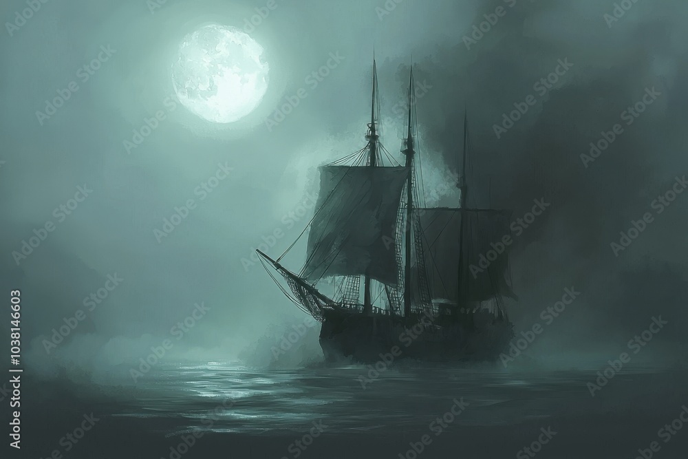 A ghostly ship sails through misty waters under a full moon, evoking mystery and adventure in a haunting maritime scene. A ghostly ship sails through misty waters under a full moon, evoking mystery and adventure in a haunting maritime scene.