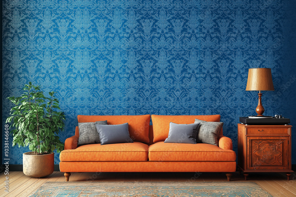 Vintage living room and an orange sofa, in a retro-style home decor ...