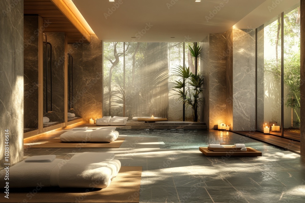 Luxury Spa Interior Design with Pool Towels and Candles Luxury Spa Interior Design with Pool Towels and Candles