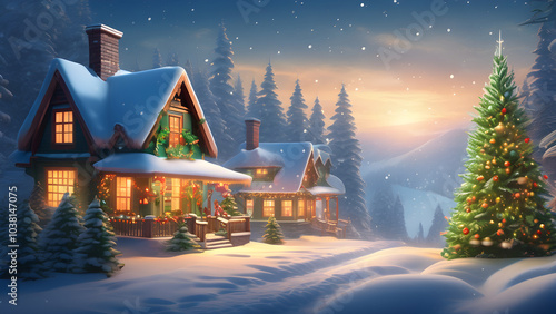 Cabin on Christmas, Christmas town, Merry Christmas, Christmas tree, Christmas illustration, Christmas aesthetic, ai generated