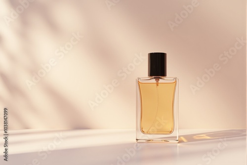 Perfume bottle on a pastel surface with clean shadows