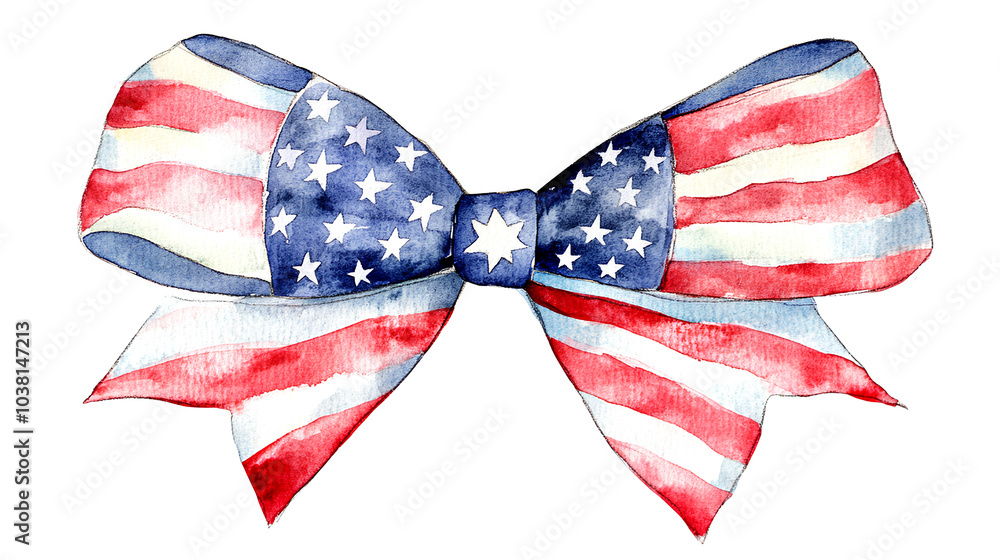 A watercolor illustration of a bow made from the American flag, depicting a patriotic symbol. A watercolor illustration of a bow made from the American flag, depicting a patriotic symbol.