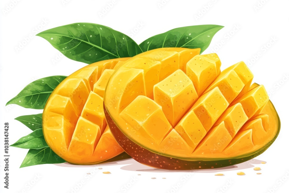 Ripe Mango Slices with Green Leaves Isolated on White Background Ripe Mango Slices with Green Leaves Isolated on White Background