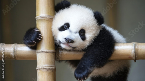 Cute panda baby hanging upside down on a wooden stick. AI generative. photo