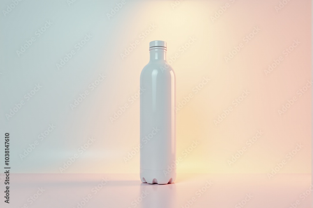 Water bottle reflecting light on a soft pastel surface Water bottle reflecting light on a soft pastel surface