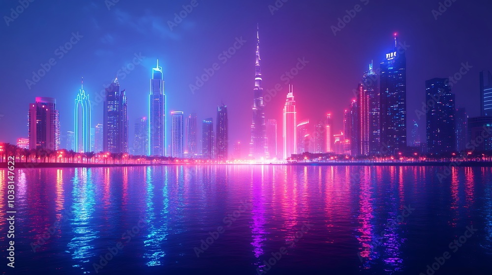 Neon reflections dancing across futuristic city waters picture Neon reflections dancing across futuristic city waters picture