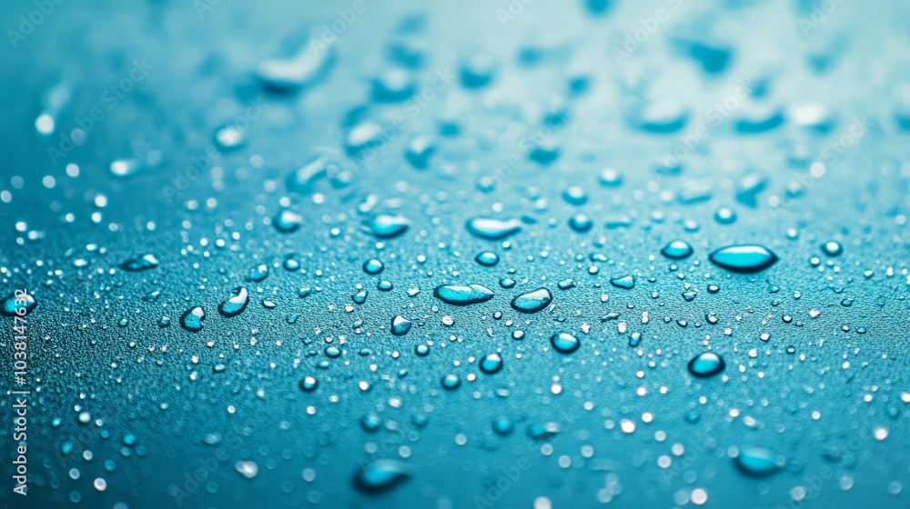 Close-up of water droplets on a textured blue surface, creating a refreshing effect. Close-up of water droplets on a textured blue surface, creating a refreshing effect.