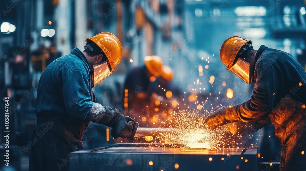 Workers expertly forming a hot metal billet on the hot shop line, with steam and sparks highlighting the action and energy of the metalworking process Workers expertly forming a hot metal billet on the hot shop line, with steam and sparks highlighting the action and energy of the metalworking process