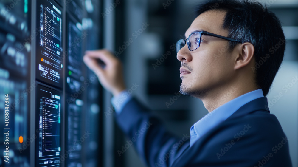 Fototapeta premium Factory Worker Monitoring Control Panels in High Tech Facility
