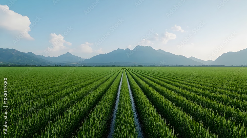 Verdant Rice Paddies Stretching into Distant Misty Mountains Verdant Rice Paddies Stretching into Distant Misty Mountains