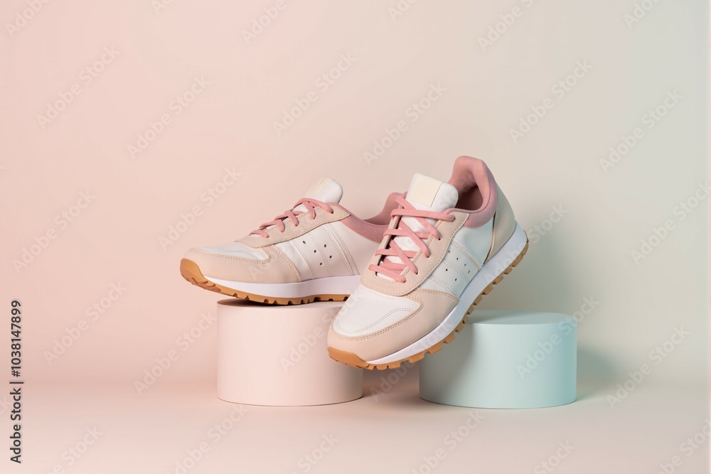Trendy sneakers on a pastel colored background with subtle shadows Trendy sneakers on a pastel colored background with subtle shadows