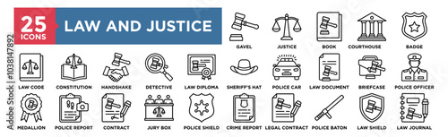 Law and Justice icon collection set. Containing design justice, lawyer, legal, concept, court, judge, legislation, attorney