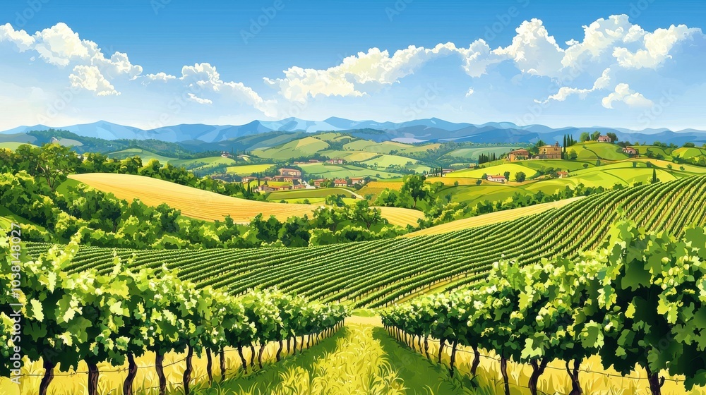 A picturesque vineyard landscape with rolling hills, lush greenery, and a vibrant blue sky, perfect for showcasing agricultural beauty. A picturesque vineyard landscape with rolling hills, lush greenery, and a vibrant blue sky, perfect for showcasing agricultural beauty.