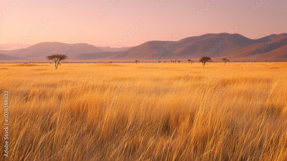 Fototapeta premium Golden Grasslands Under a Pink Sky