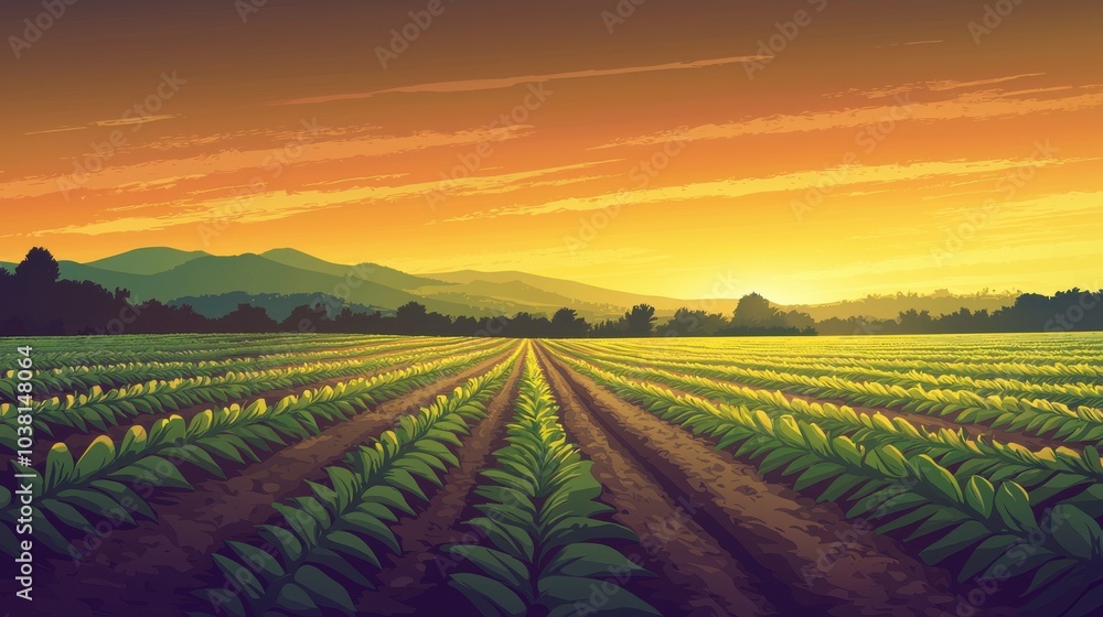 A scenic landscape of a vibrant farm at sunset, showcasing rows of crops with mountains in the background. A scenic landscape of a vibrant farm at sunset, showcasing rows of crops with mountains in the background.