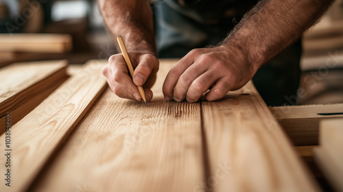 Carpenter measuring wooden planks with pencil in workshop