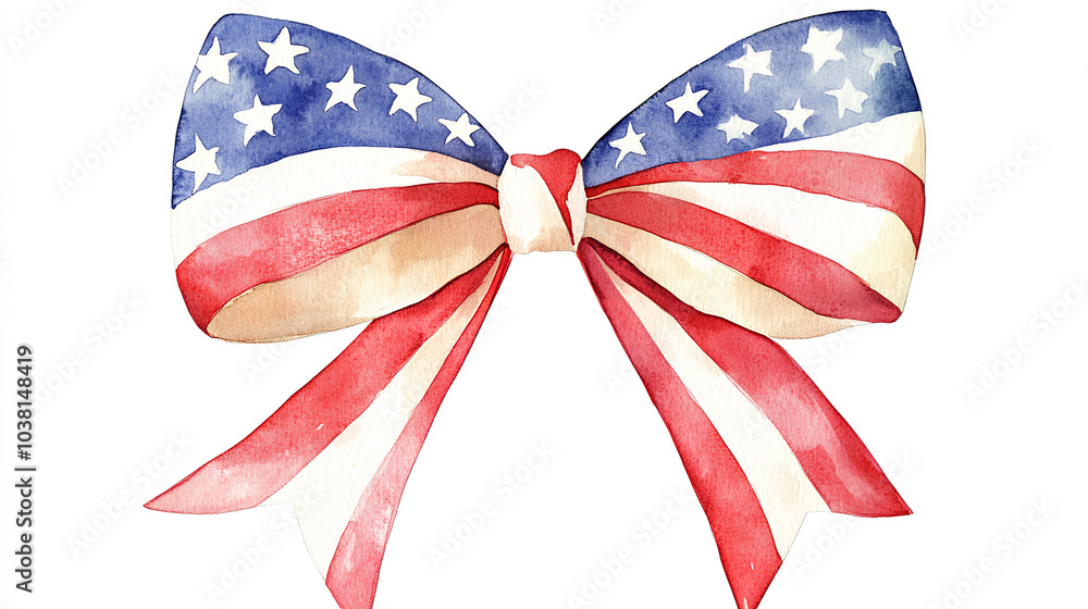 A watercolor painting of a bow in the colors of the American flag, featuring red, white, and blue stripes and white stars. A watercolor painting of a bow in the colors of the American flag, featuring red, white, and blue stripes and white stars.