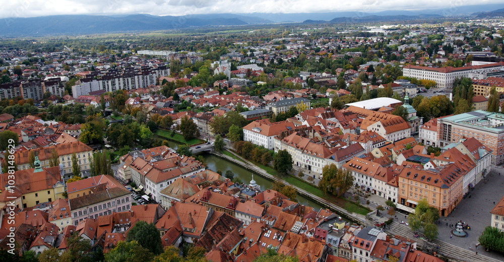 Naklejka premium Ljubljana is the capital and largest city of Slovenia located along a trade route between the northern Adriatic Sea and the Danube region